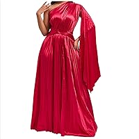 Womens Silk Prom Dresses 2024 Retro One Shoulder Long Maxi Satin Evening Party Dress Elegant Aline Pleated Formal Gown