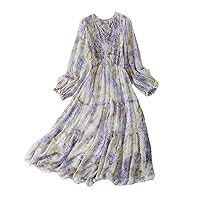Floral Silk Long Sleeve Dress V Neck Beach Dress Silk Print Long