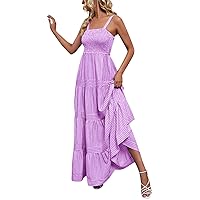 Womens Summer Dresses 2024 Spaghetti Strap Smocked Beach Long Maxi Boho Dress Casual Floral Print Beach Sun Dress Plus