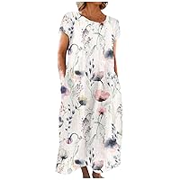 Womens Dresses 2024 Short Sleeve Crew-Neck Casual Summer Dresses Beach Flowy Maxi Dress Beach Dress with Pockets