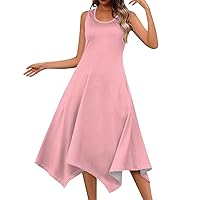Womens Summer Dresses Long Flowy Dresses for Women 2024 Summer Solid Color Simple Classic Casual Slim with Sleeveless Crewneck Tunic Dress Pink Medium