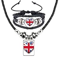Union Jack Heart-shaped Britain UK Flag Leather Necklace Bracelet Jewelry Set