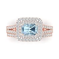 3.05ct Emerald Cut Natural Swiss Blue Topaz 18K Rose Gold Halo Solitaire W/Accents Engagement Bridal Wedding ring band Set