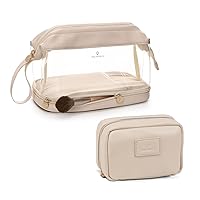 Pocmimut Small Makeup Bag,Double Layer Clear Travel Makeup Bag,Large Makeup Bag Toiletry Bag with Brush Holder(Beige)