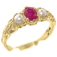 18k Yellow Gold Real Genuine Ruby and Cultured Pearl Womens Band Ring