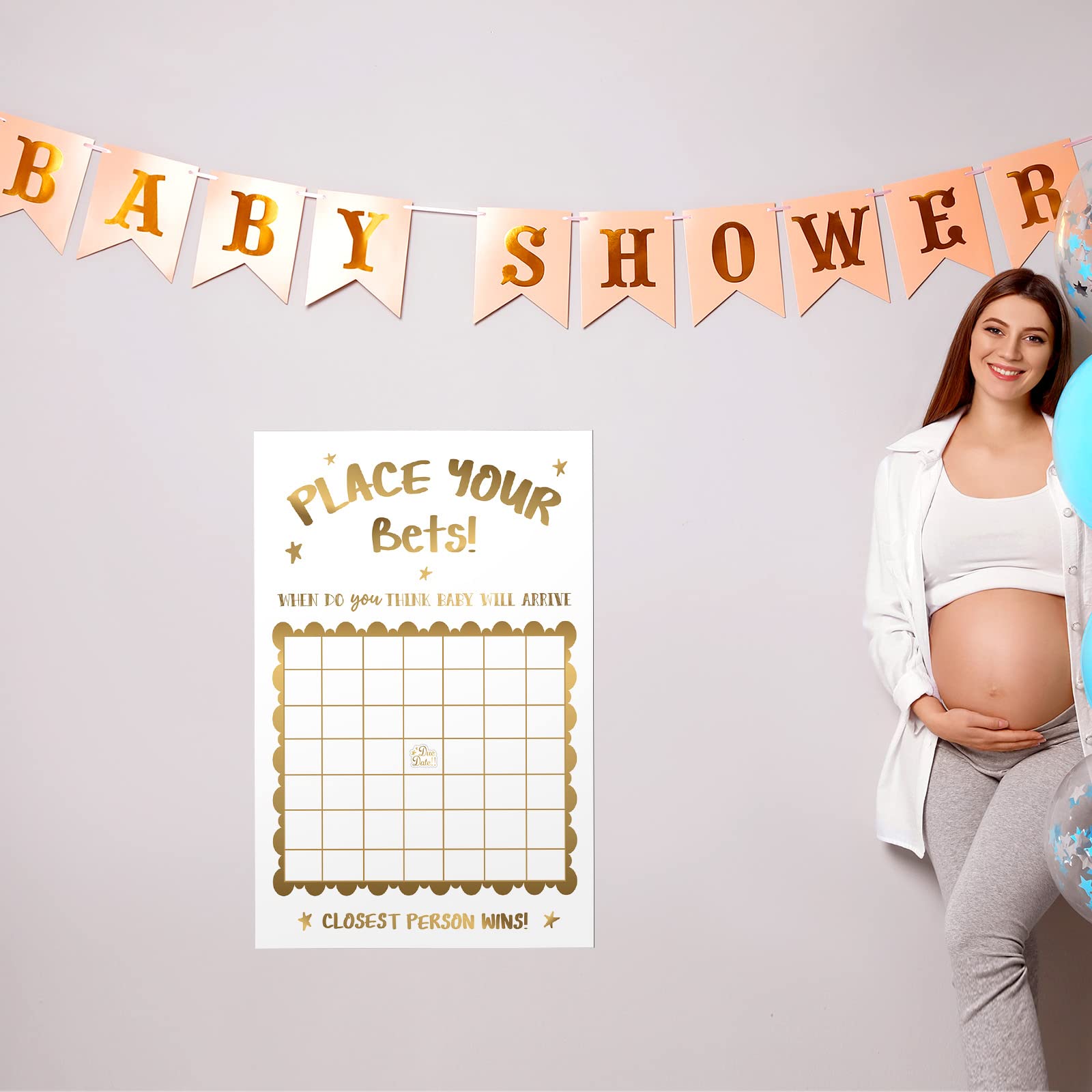 Gold White Baby Shower Decorations Neutral Predicting Birthdate Baby Shower Game Large Funny Due Date Baby Calendar Sign for Boy or Girl, 24.41 x 37.4 Inch