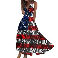 Women's Long Dress Maxi Casual Summer Sleeveless V Neck Boho Waist Retraction Printed Dress, S-3XL