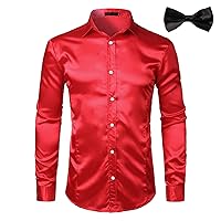 Men's Gold Silk Satin 2 Pcs Dress Shirts (Shirt+Tie) Slim Fit Button Down Wedding Party Prom Shirt Male Chemise Homme