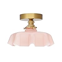 DSMJFU Brass Semi Flush Mount Ceiling Light, Cute Small Pink Glass Shade Ceiling Light Fixtures for Closet Hallway Entryway