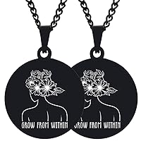 2PCS Mens Womens Grow From Within Flower Art Tatoo Style Women Silhouette Minimalist Solid Pendant Necklace Chain
