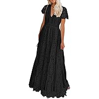 MEROKEETY Women's V Neck Short Sleeve Floral Lace Wedding Dress Bridesmaid Cocktail Party Maxi Dress