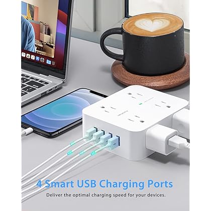 Surge Protector Power Strip - 8 Outlets with 4 USB Charging Ports, Multi Plug Outlet Extender, 5Ft Braided Extension Cord, Flat Plug Wall Mount Desk USB Charging Station for Home Office ETL