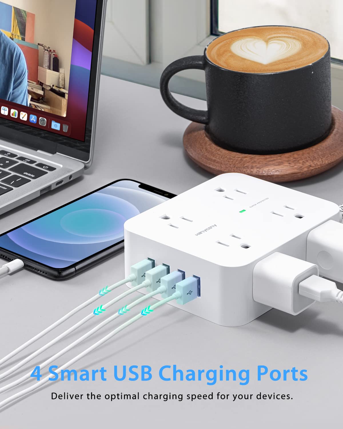 Surge Protector Power Strip - Extension Cord with 8 Widely Outlets 4 USB Ports, 3 Side Multi Plug Outlet Extender, Flat Plug, 5Ft, Wall Mount, Desk USB Charging Station for Home Office Dorm Room ETL
