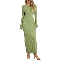 Women Casual Knit Crochet Long Dress Striped Long Sleeve Hollowed Color Block Bodycon Street Party Midi Dress