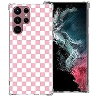 Phone Case for Samsung Galaxy S22 Ultra 5G, Pink White Grid Plaid Regular Lattice Checkered Checkerboard Cute Shockproof Protective Anti-Slip Soft Clear Cover Shell