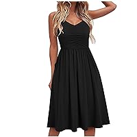 Women's Sleeveless Knee Length Solid Color Beach Flowy V-Neck Glamorous Dress Swing Casual Loose-Fitting Summer Black
