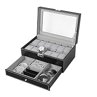 HEOMU Watch Case for Men, 12 Slot Mens Watch Box Organizer with Key Lock Jewelry Display Case with Real Glass, Black