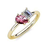 Pear Shape Pink Tourmaline & Emerald Shape Moissanite 2.40 ctw Four Prong Women 2 Stone Duo Engagement Ring 14K Gold
