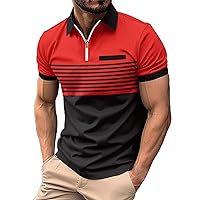 Mens Color Block Polo Shirt Quarter Zip Summer Casual Cotton Stretch Short Sleeve Contrast Striped Golf Work Shirts