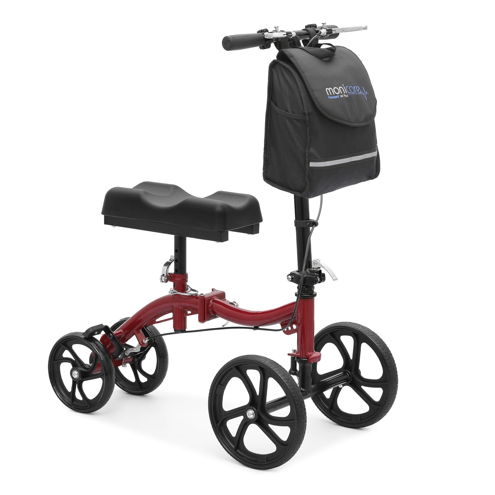 monicare Knee Walker Compact All Terrain 10'' Front Wheels Adjustable Height Knee Scooter with Dual Braking System and Removable Storage for Ankle and Foot Injured, 350lbs Load Capacity, Red