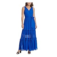 DKNY Womens Blue Zippered Belted Tiered Skirt Sleeveless Surplice Neckline Maxi Party Fit + Flare Dress 4