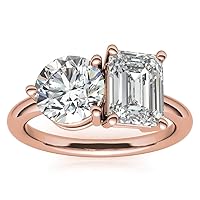 10K Solid Rose Gold Handmade Engagement Rings 2.0 CT Emerald & Round Manual Cut Premium Simulated Diamond Solitaire Wedding/Bridal Ring Set for Women/Her Propose Ring