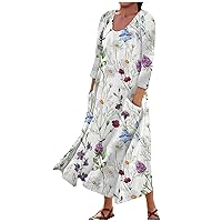 Women's Vintage Floral Print 3/4 Sleeve Round Neck Loose Fit with Pocket Casual Dress Flowy Sundress Beach Maxi Dress