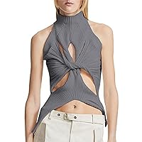 Zewuai Women Sexy Hollow Out Twist Front Knitted Tank Tops Sleeveless High Neck Cut Out Sweater-Vests