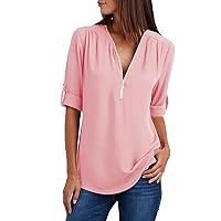 ZunFeo Womens Summer Tops 2023 Casual Dressy Roll Sleeve Half Zip Up Work Blouses Plus Size Tunic T Shirt Loose Fit