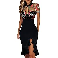 Sexy Plus Size Dresses for Women Date Night,Long Slit Dress Floral Slimming Lace Hem Women Ruffles Sleeve Patte