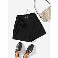 Women's Shorts Paperbag Waist Belted Shorts (Color : Black, Size : Large)