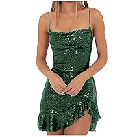 Black Deals of The Day Lightning Sparkly Party Dress for Women Sexy Spaghetti Strap Mini Dresses Ruffle Glitter Sling Dress Going Out Short Dresses Vacation Outfits for Women
