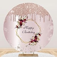 Yeele 7x7ft Rose Gold Happy Birthday Round Backdrop Glitter Diamonds Red Flowers Photography Background for Girls Sweet 16th 18th 21th Birthday Party Decorations Cake Table Banner Supplies