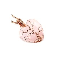 Natural Rose Quartz Gemstone Necklace, Heart Shape Necklace, Tree of Life Pendant, Copper Wire Jewelry