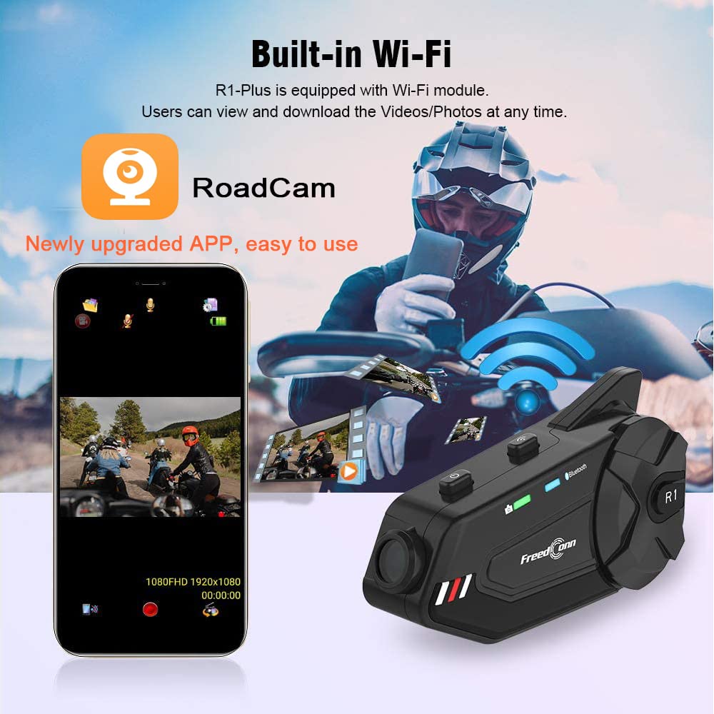 FreedConn Motorcycle Helmet Headset with Camera R1plus Bluetooth Intercom FM Radio 1000M 6 Riders Waterproof Wireless Communication Systems for Half- face & 3/4- face Helmet