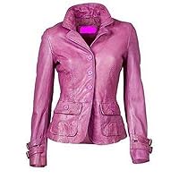 Women's Genuine Lambskin Leather Blazer Slim Fit Jacket Four Button Coat Hot Pink
