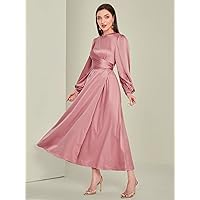 Dresses for Women Solid Ruched Bishop Sleeve Satin Dress (Color : Dusty Pink, Size : Small)