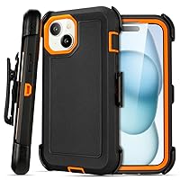 for iPhone 15 Case with Clip Belt Holster, Heavy Duty Military Grade Drop Protective Case for iPhone 15 6.1 case (Black+Orange)