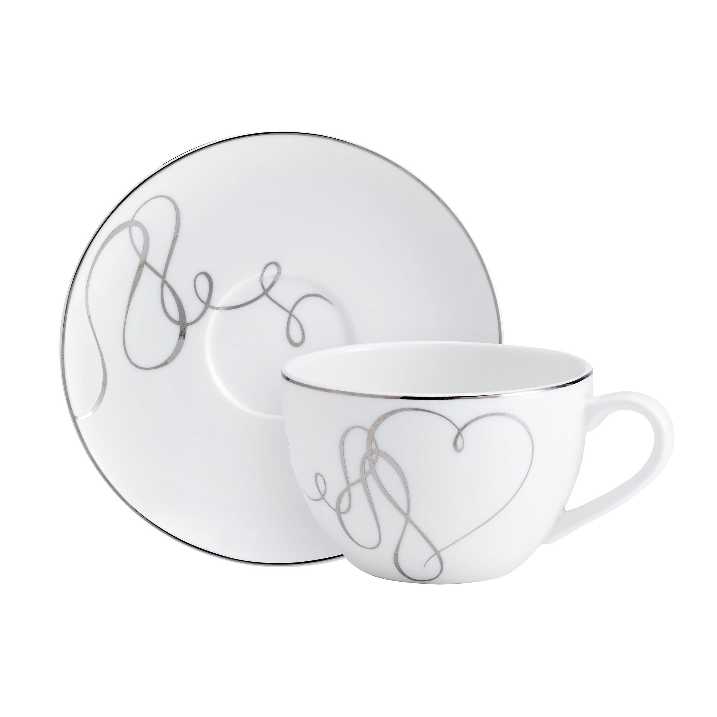Mikasa Love Story Platinum Banded Teacup and Saucer Set, Set of 4, 9.6-Ounce, White