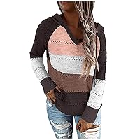 SNKSDGM Women's Knit Sweater Hoodies Loose Striped Color Block Long Sleeve V Neck Drawstring Pullover Hooded Sweatshirt Tunic