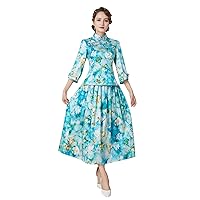 Cheongsam Silk Water Ink Printing Qipao Blouse Skirt Two Piece Set Chinese Dress For Women3247
