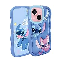 Compatible with iPhone 15 Case, Stich Cute 3D Cartoon Unique Cool Soft Silicone Animal Anime Character Waterproof Protector Boys Kids Girls Gifts Cover Housing Skin Shell for iPhone 15