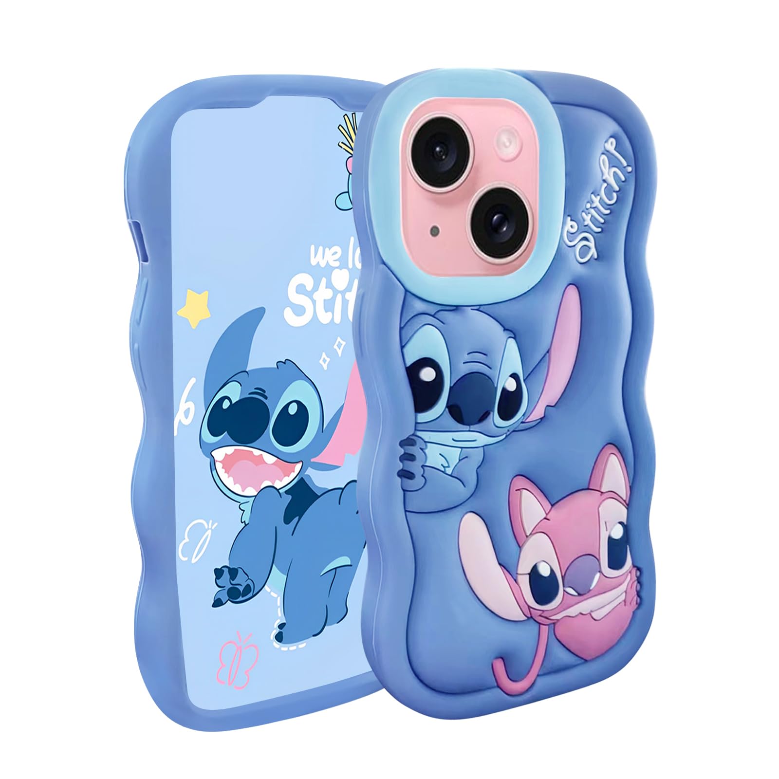 FINDWORLD Compatible with iPhone 15 Case, Stich Cute 3D Cartoon Unique Cool Soft Silicone Animal Anime Character Waterproof Protector Boys Kids Girls Gifts Cover Housing Skin for iPhone 15