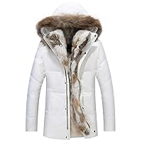 Flygo Men's Winter Warm Thicken Fur Collar Hooded Fleece Lined Down Jacket Coat
