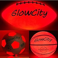GlowCity Glow Balls for Kids - Pack of 3 with Official Sized Glow in The Dark Football, LED Basketball and Size 5 Light Up Soccer Ball - Spare Batteries Included