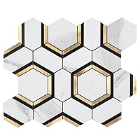 Diflart Peel and Stick Backsplash Tile, White and Gold, Hexagon, Marble Veins with PVC Mixed Metal, Stick on Backsplash for Kitchen and Bathroom,Self Adhesive Wall Tiles, Pack of 10 Sheets