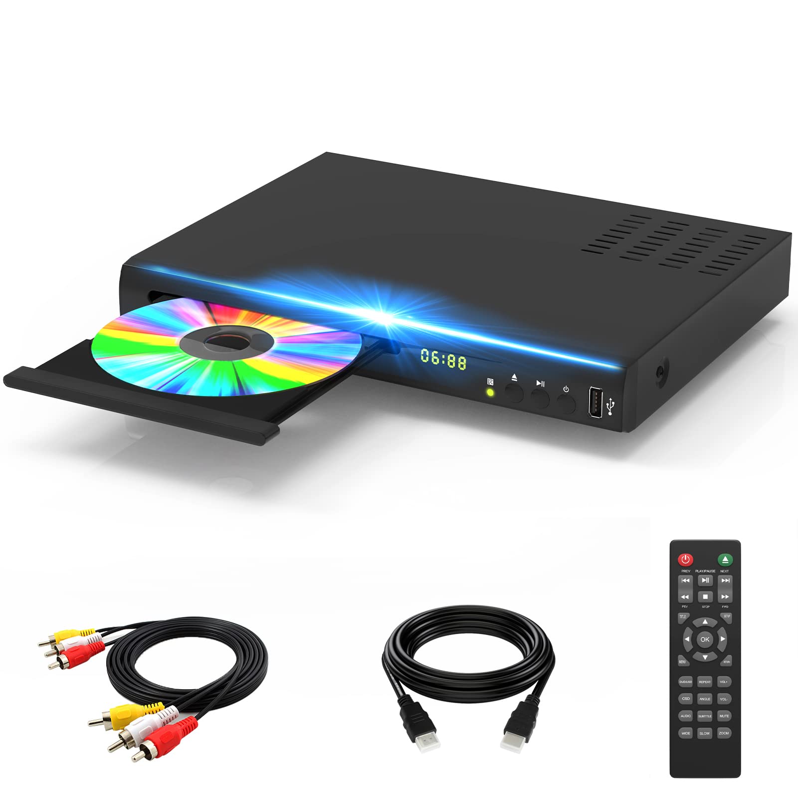 Blu Ray DVD Player, 1080P Home Theater Disc System, Play All DVDs and Region A 1 Blu-Rays, Support Max 128G USB Flash Drive + HDMI/AV/Coaxial Output + Built-in PAL/NTSC with HDMI/AV Cable