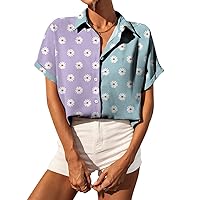 Selene Women's Summer Casual Short Sleeve V Neck Collared Button Down Shirt Cute Vintage Print Blouse Tops