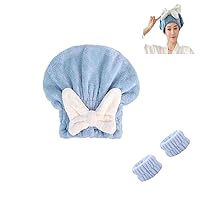 Super Absorbent Hair Towel Wrap for Wet Hair,with Wrist Bands for Washing Face Microfiber Hair Drying Towel Cap, Quick Dry Hair Towel Cap with Bow-Knot (Color : Blue)