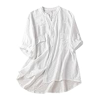Floral Embroidered Blouse for Women Cotton and Linen T-Shirts 3/4 Length Sleeve Lace Shirts Summer Eyelet Casual Solid Tops